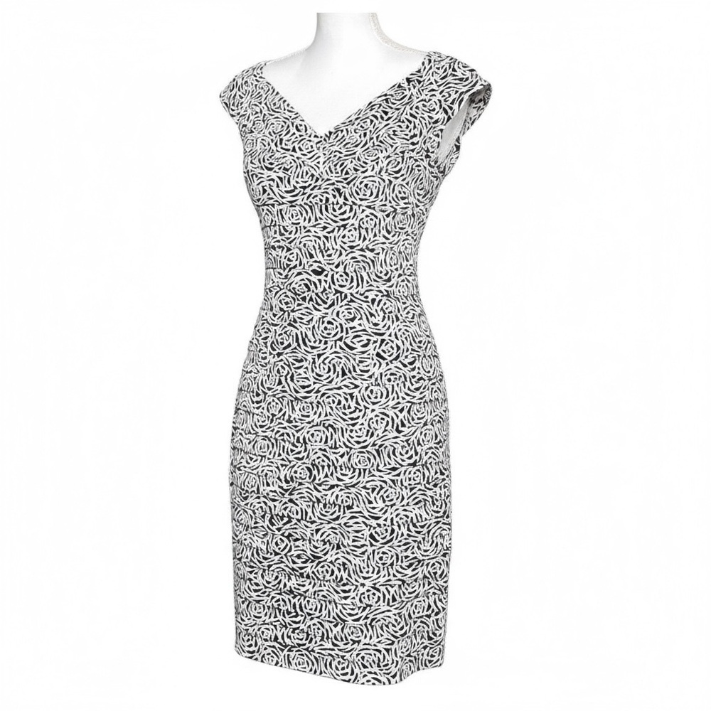 London Times Women’s Ruched V-Neck‎ Black White Dress Size 4 Cocktail Bodycon